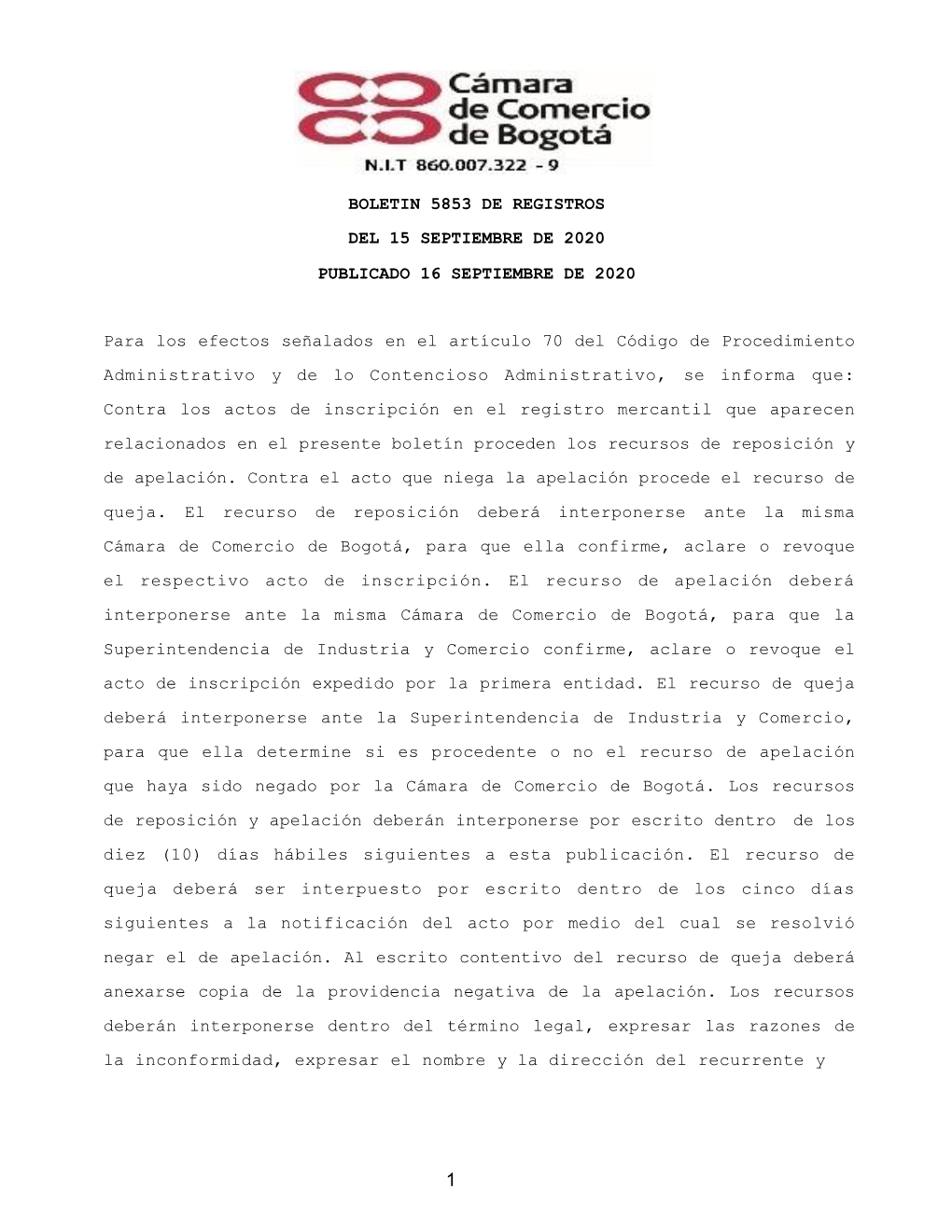 Boletin 5853 De Registros Del 15 Septiembre De 2020