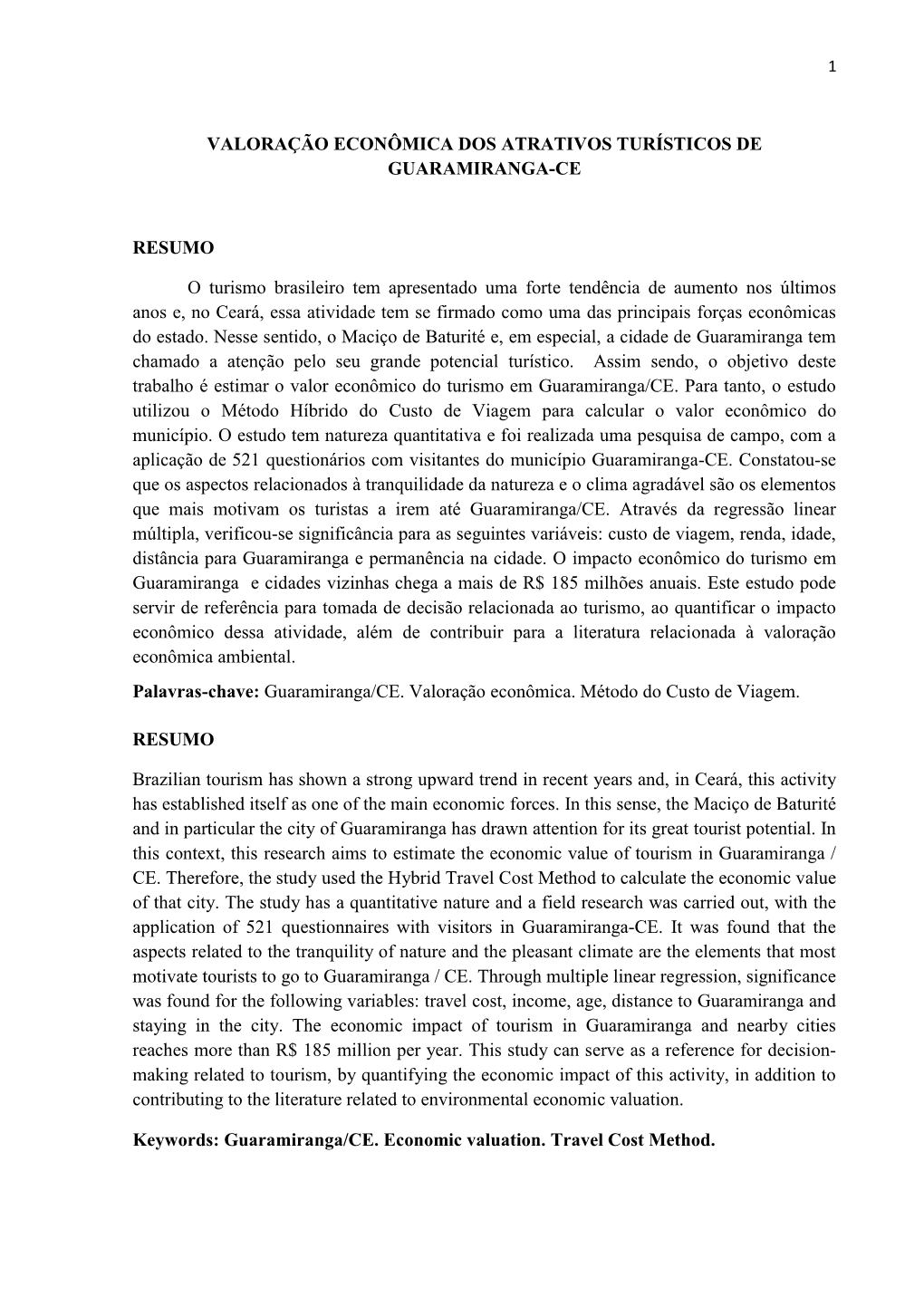 Valoração Econômica Dos Atrativos Turísticos De Guaramiranga-Ce