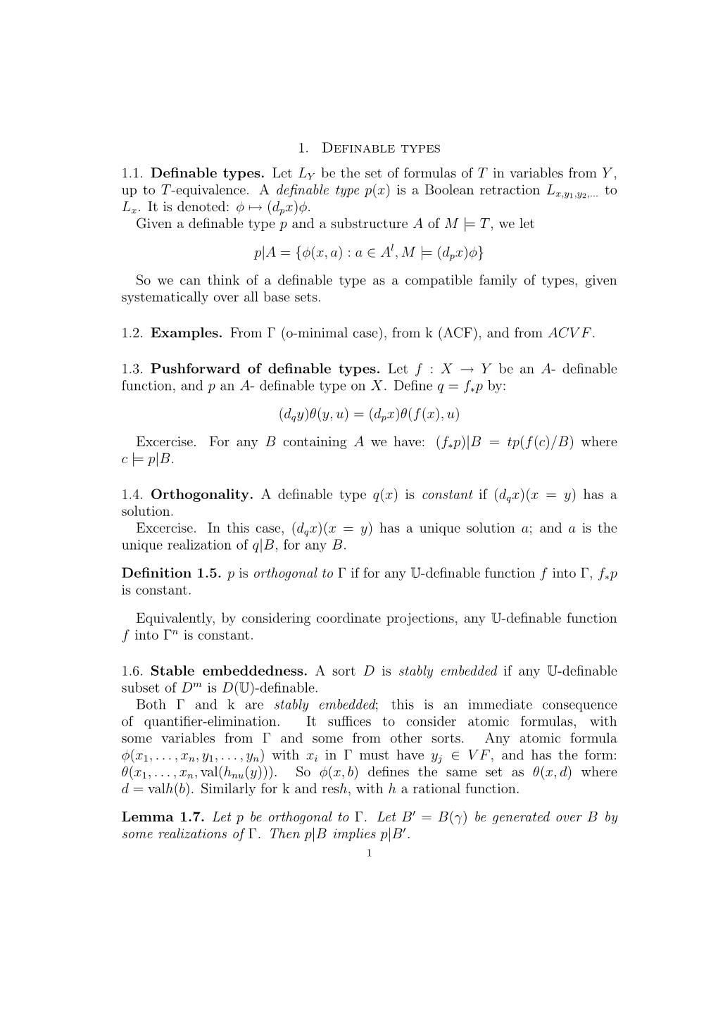 1. Definable Types 1.1. Definable Types. Let L Y Be the Set of Formulas of T