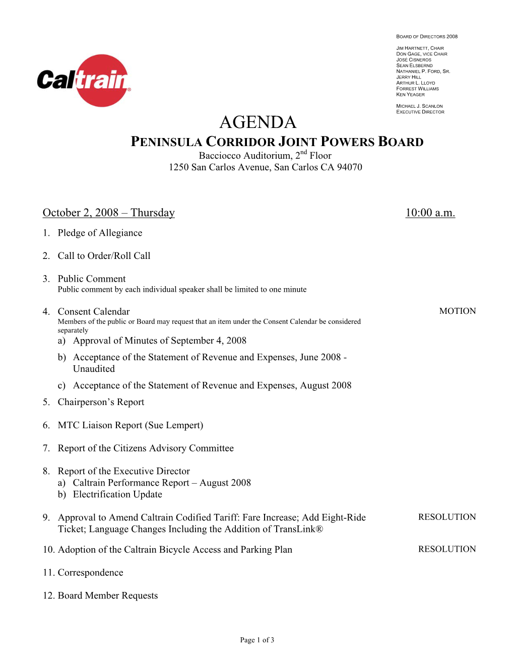 AGENDA PENINSULA CORRIDOR JOINT POWERS BOARD Bacciocco Auditorium, 2Nd Floor 1250 San Carlos Avenue, San Carlos CA 94070