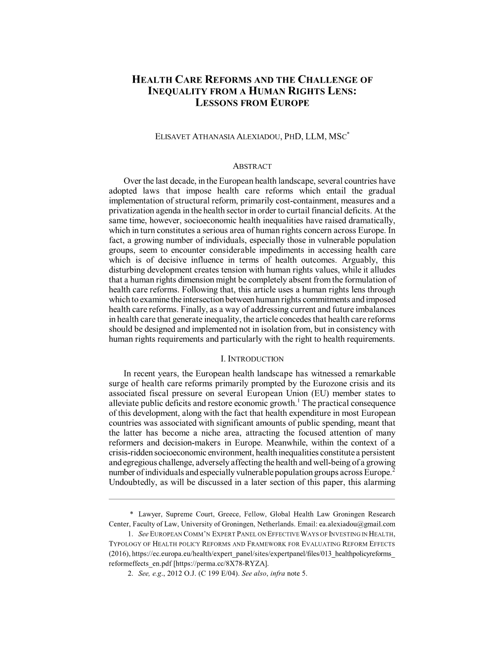 Health Care Reforms and the Challenge of Inequality from a Human Rights Lens: Lessons from Europe