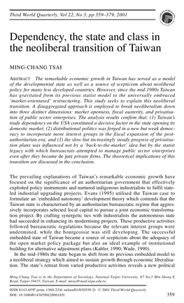 Dependency, the State and Class in the Neoliberal Transition of Taiwan