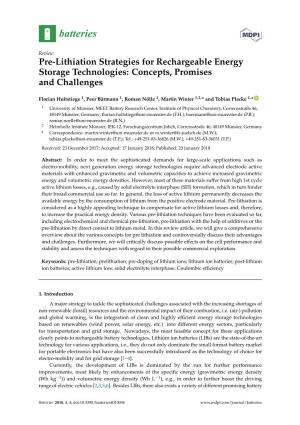 Pre-Lithiation Strategies for Rechargeable Energy Storage Technologies: Concepts, Promises and Challenges