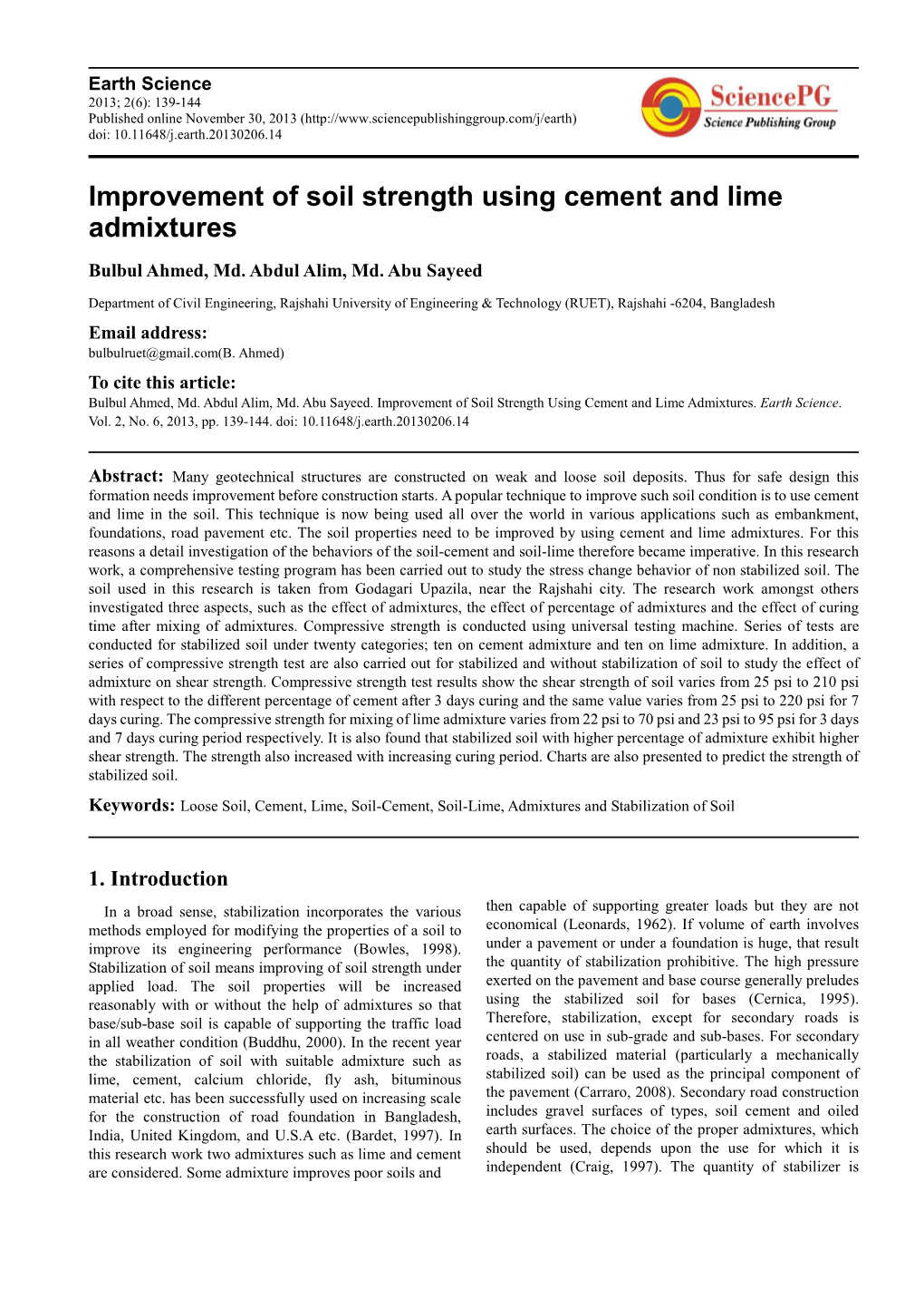 Improvement of Soil Strength Using Cement and Lime Admixtures