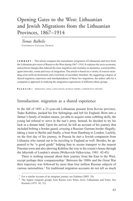 Lithuanian and Jewish Migrations from the Lithuanian Provinces, 1867–1914 Tomas Balkelis University College Dublin