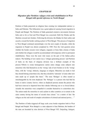 CHAPTER III Migration After Partition: Refugee Crisis and Rehabilitation in West Bengal with Special Reference to North Bengal