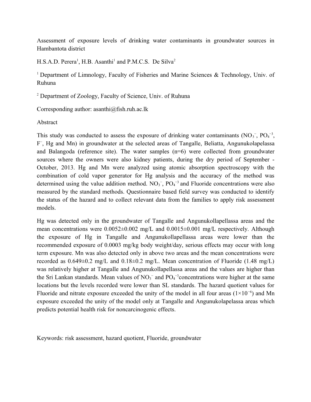 Assessment of Exposure Levels of Drinking Water Contaminants in Groundwater Sources In