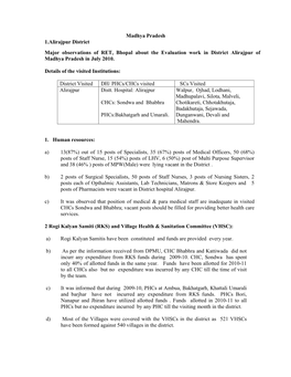 Madhya Pradesh 1.Alirajpur District Major Observations of RET, Bhopal About the Evaluation Work in District Alirajpur of Madhya Pradesh in July 2010