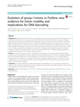 Evolution of Group I Introns in Porifera: New Evidence for Intron Mobility and Implications for DNA Barcoding Astrid Schuster1, Jose V