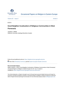 Good Neighbor Inculturation of Religious Communities in West Pomerania