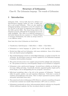 Structure of Lithuanian Class 01: the Lithuanian Language. the Sounds of Lithuanian