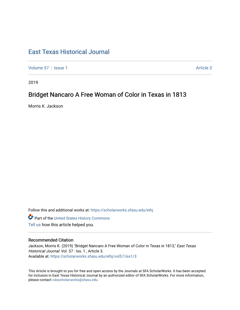 Bridget Nancaro a Free Woman of Color in Texas in 1813