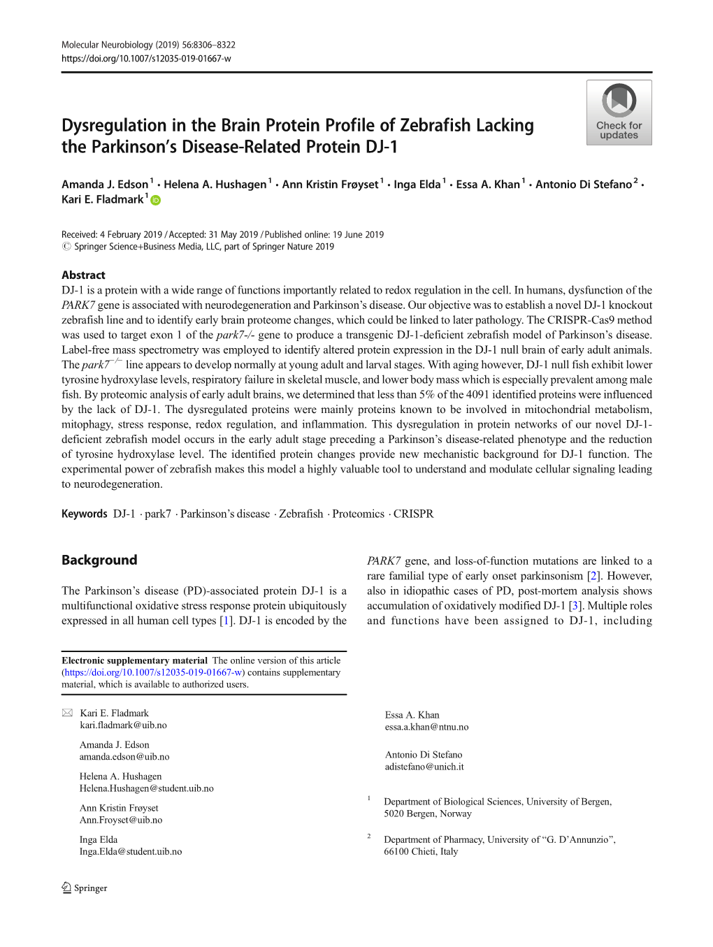 Dysregulation in the Brain Protein Profile of Zebrafish Lacking the Parkinson’S Disease-Related Protein DJ-1