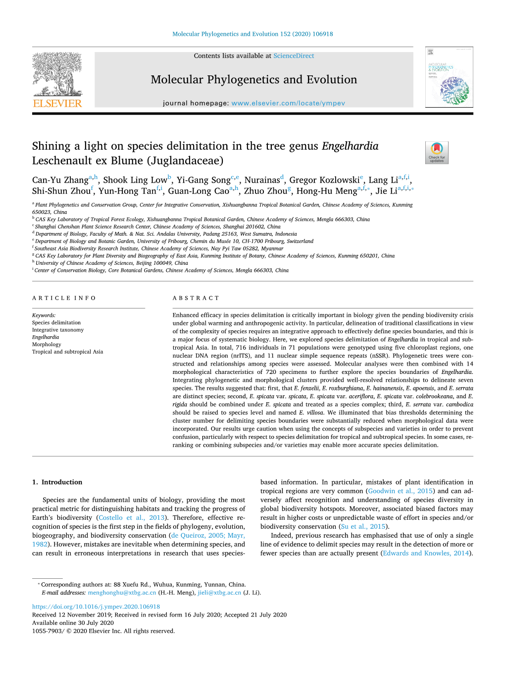 Shining a Light on Species Delimitation in the Tree Genus Engelhardia