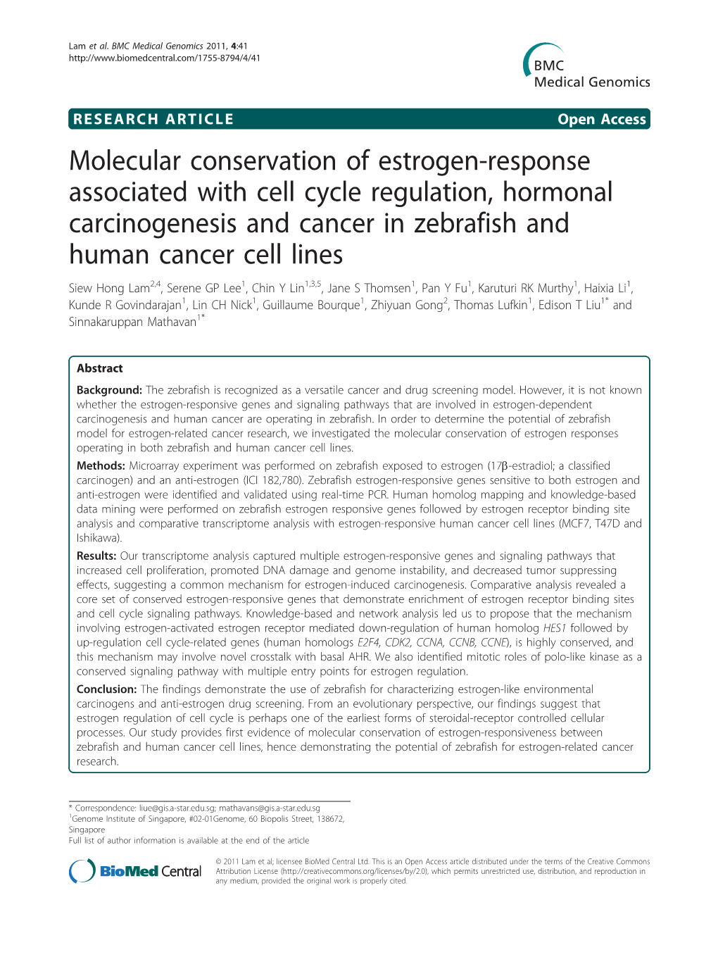 Molecular Conservation of Estrogen-Response Associated with Cell Cycle Regulation, Hormonal Carcinogenesis and Cancer in Zebrafi