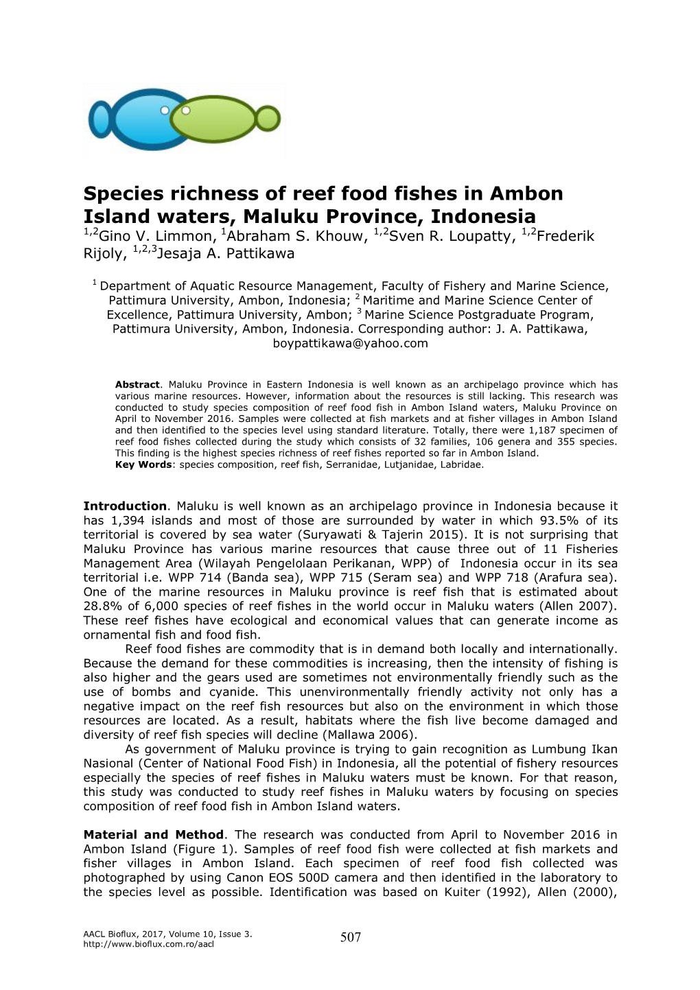 Species Richness of Reef Food Fishes in Ambon Island Waters, Maluku Province, Indonesia 1,2Gino V