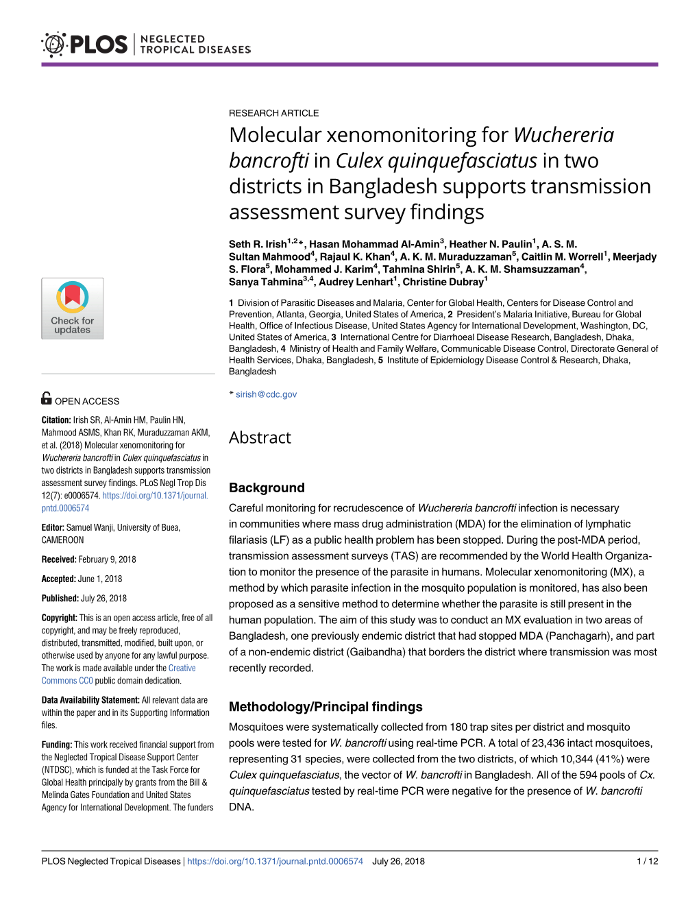 Molecular Xenomonitoring for Wuchereria Bancrofti in Culex Quinquefasciatus in Two Districts in Bangladesh Supports Transmission Assessment Survey Findings