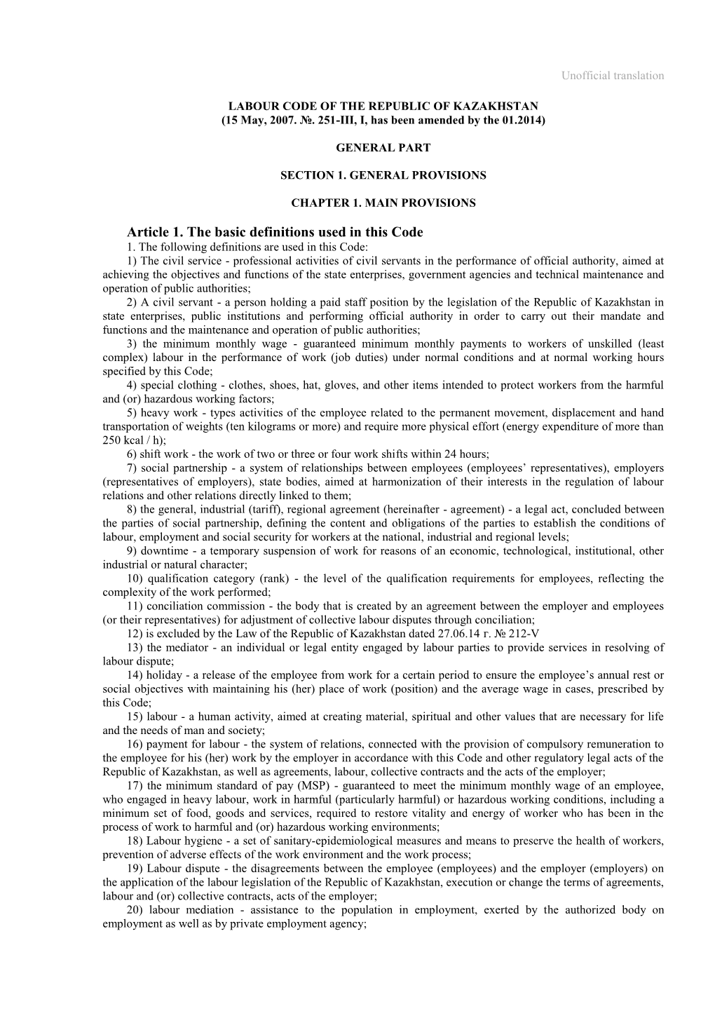 LABOUR CODE of the REPUBLIC of KAZAKHSTAN (15 May, 2007