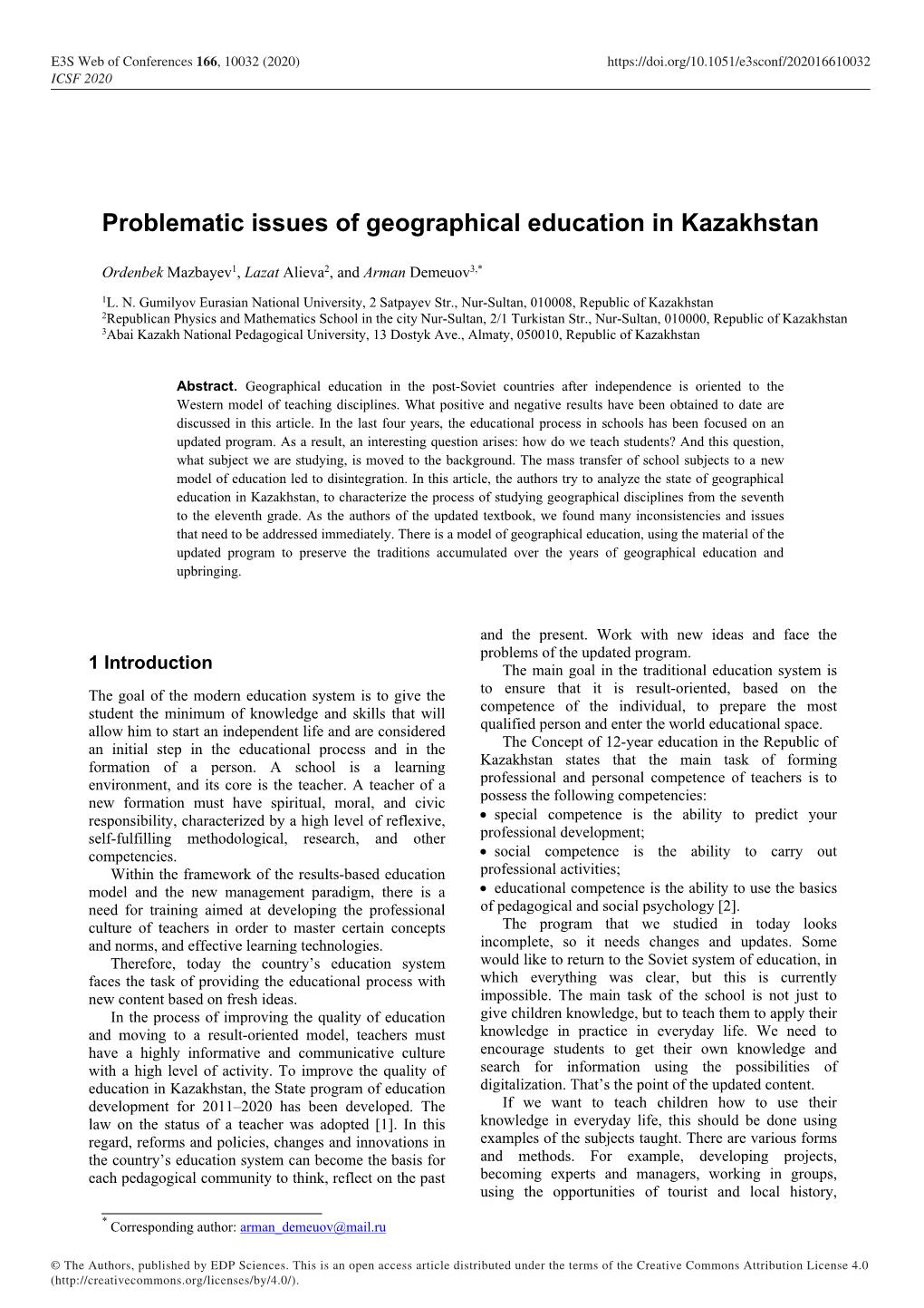 Problematic Issues of Geographical Education in Kazakhstan