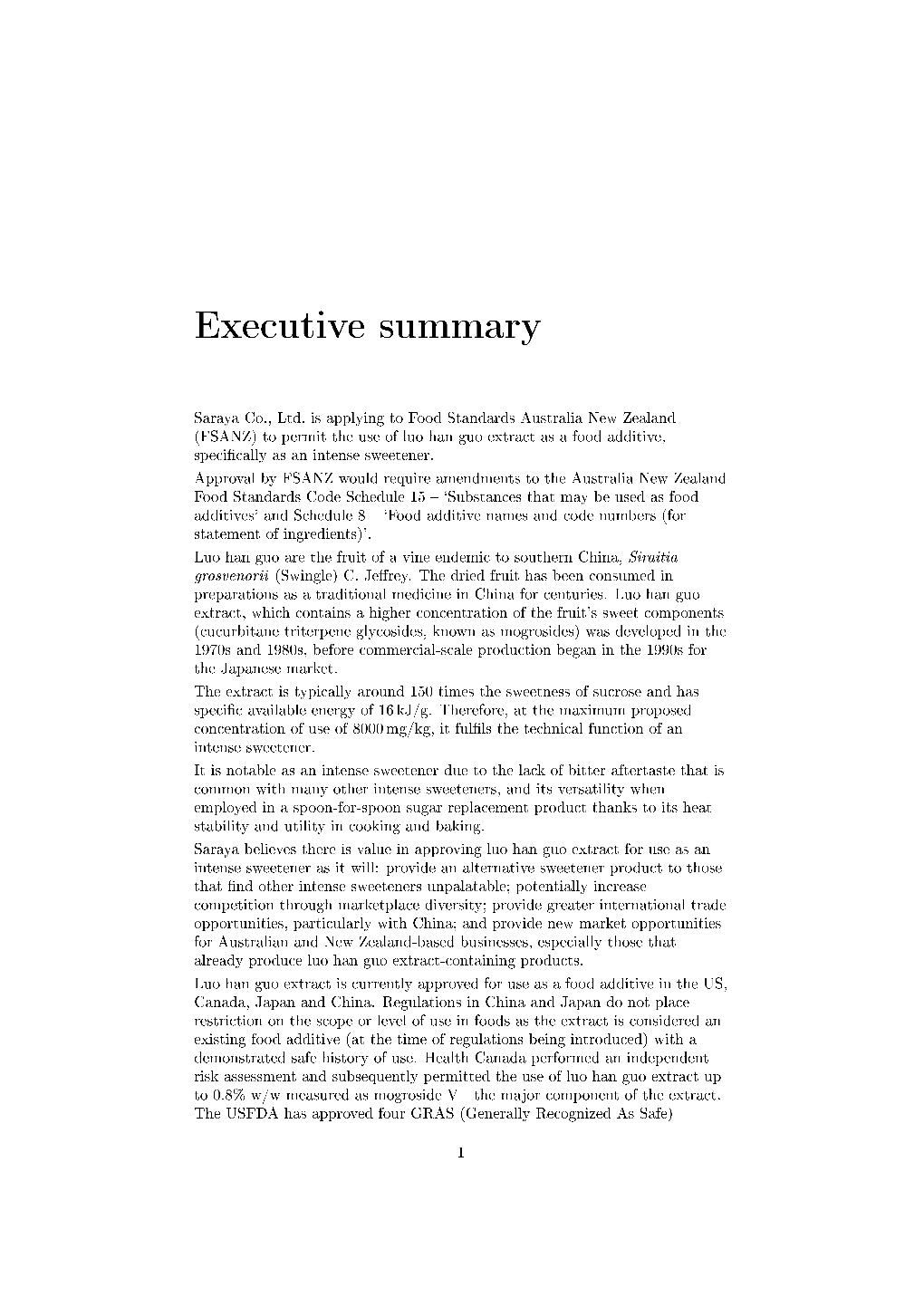 Executive Summary to Accompany Luo Han Guo Extract Application