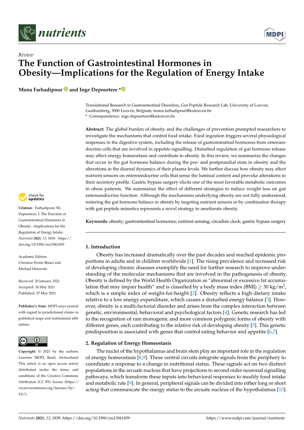 The Function of Gastrointestinal Hormones in Obesity—Implications for the Regulation of Energy Intake