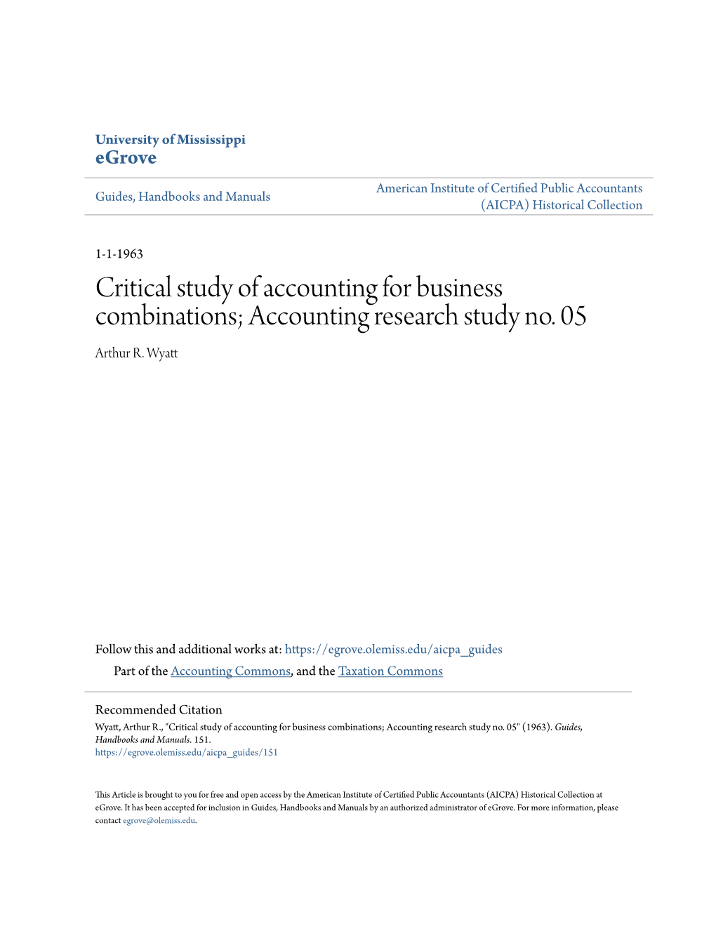 Critical Study of Accounting for Business Combinations; Accounting Research Study No
