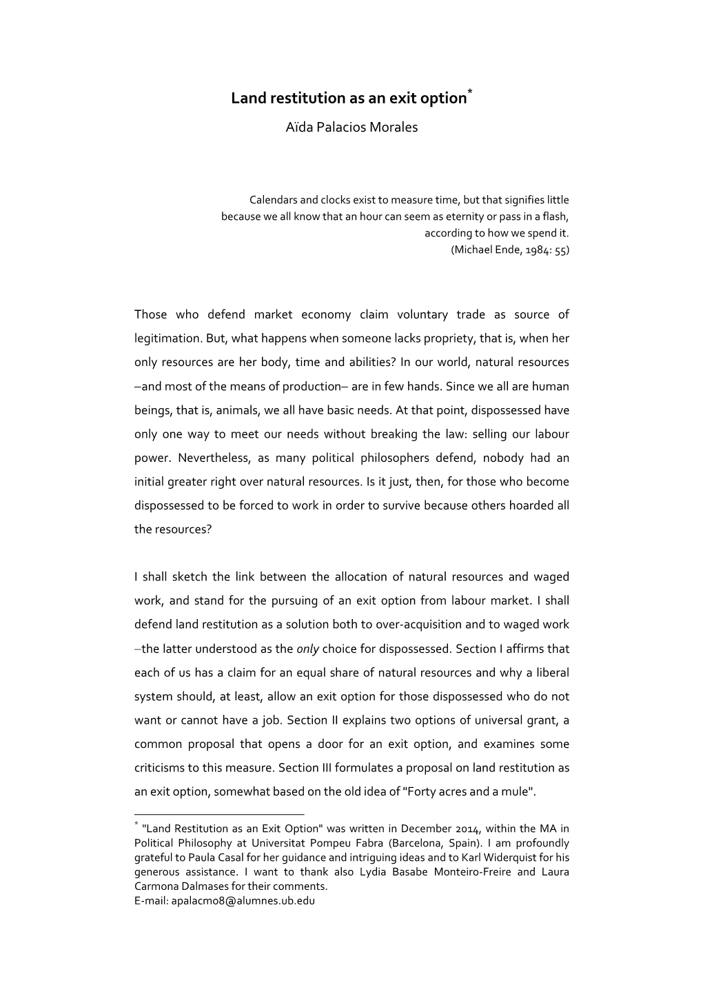 Land Restitution As an Exit Option* Aïda Palacios Morales