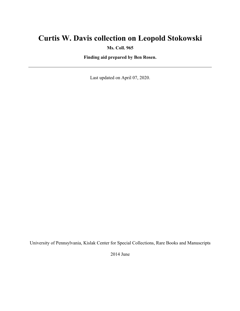 Curtis W. Davis Collection on Leopold Stokowski Ms