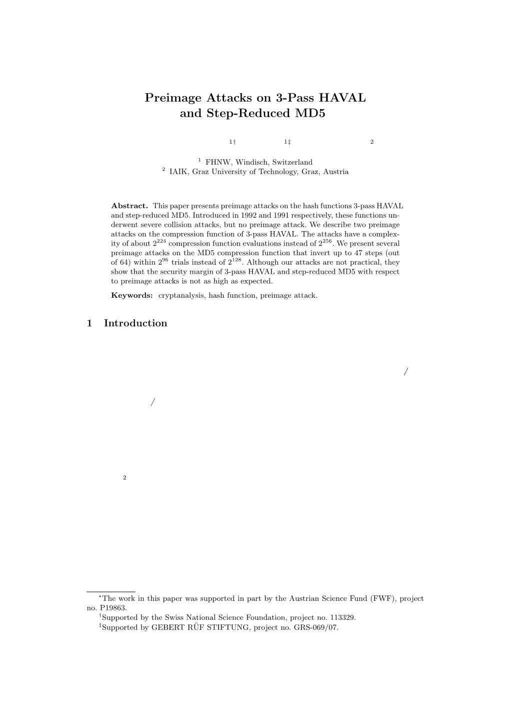 Preimage Attacks on 3-Pass HAVAL and Step-Reduced MD5∗