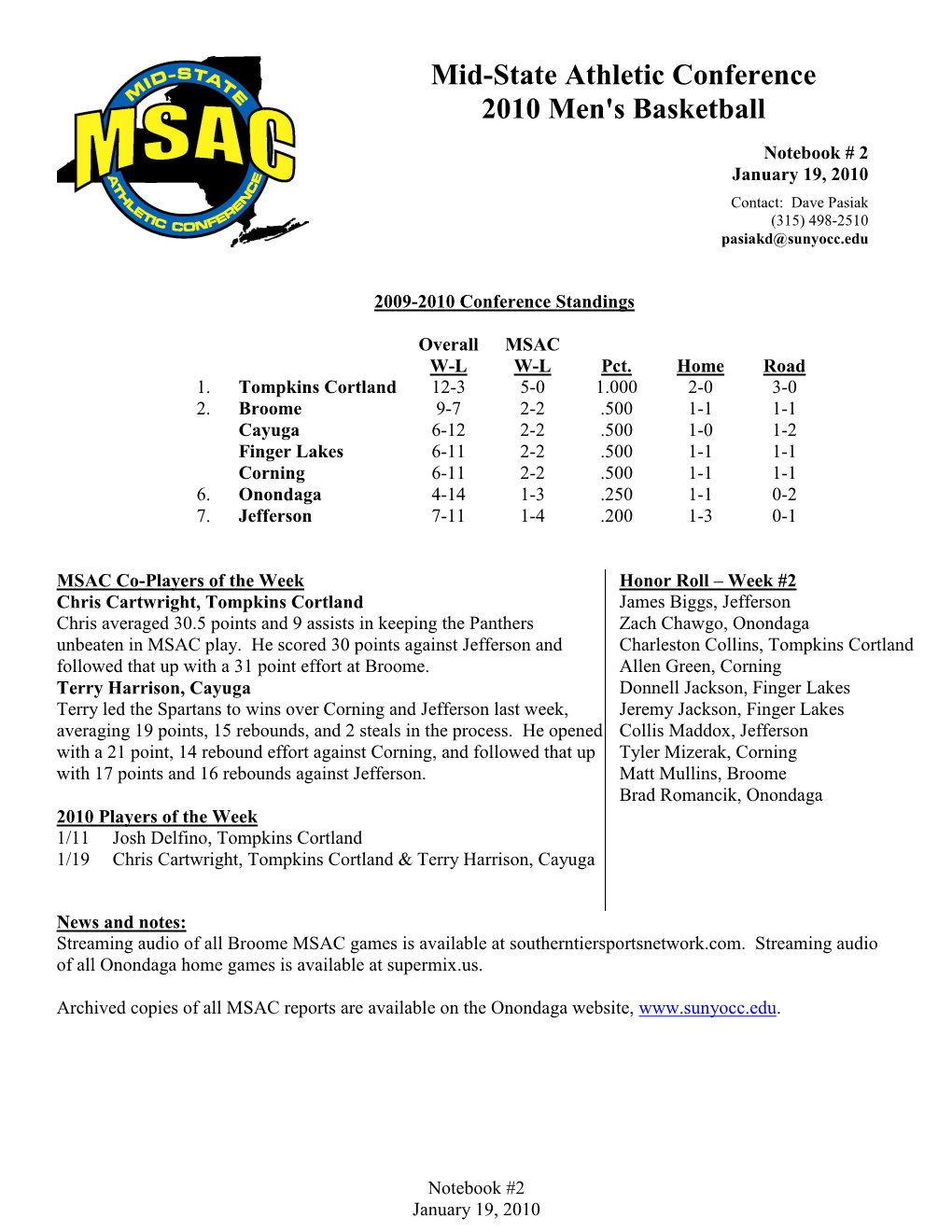 Mid-State Athletic Conference 2010 Men's Basketball