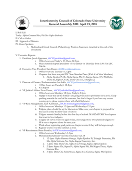 Interfraternity Council of Colorado State University General Assembly XIII: April 23, 2018