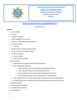 Sunset Empire Transportation District BOARD of COMMISSIONERS BOARD ZOOM MEETING AGENDA THURSDAY JUNE 24, 2021 9:00 AM
