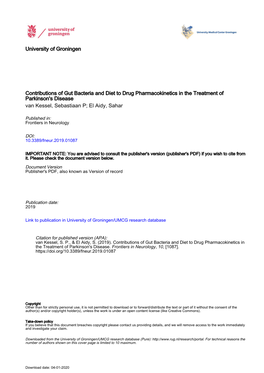 Contributions of Gut Bacteria and Diet to Drug Pharmacokinetics in the Treatment of Parkinson's Disease Van Kessel, Sebastiaan P; El Aidy, Sahar