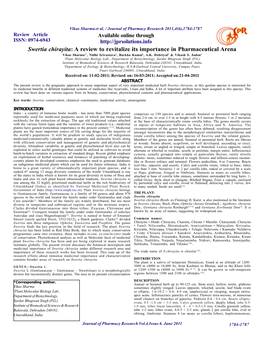 Swertia Chirayita: a Review to Revitalize Its Importance in Pharmaceutical Arena Vikas Sharma1*, Nidhi Srivastava1, Barkha Kamal1, A.K