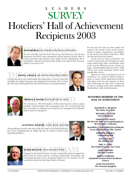 SURVEY Hoteliers' Hall of Achievement Recipients 2003