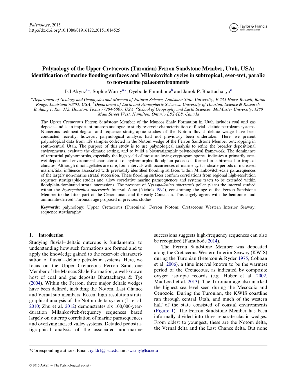 Palynology of the Upper Cretaceous \(Turonian\) Ferron Sandstone