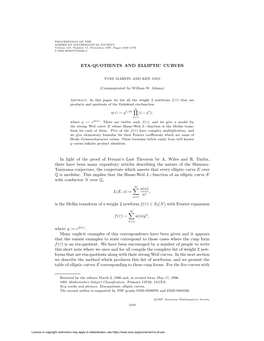 ETA-QUOTIENTS and ELLIPTIC CURVES in Light of the Proof Of