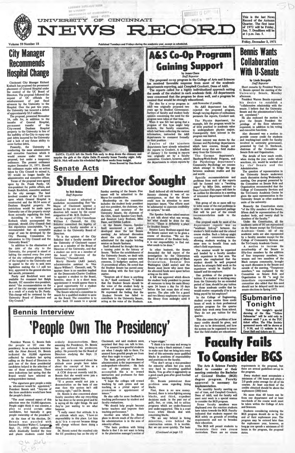 University of Cincinnati News Record. Friday, December 8, 1971. Vol. 59