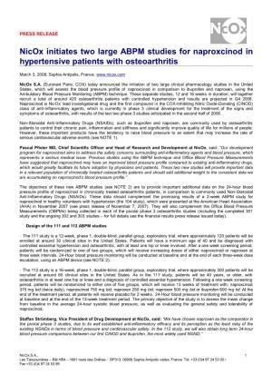 Nicox Initiates Two Large ABPM Studies for Naproxcinod in Hypertensive Patients with Osteoarthritis
