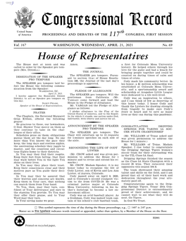 Congressional Record United States Th of America PROCEEDINGS and DEBATES of the 117 CONGRESS, FIRST SESSION