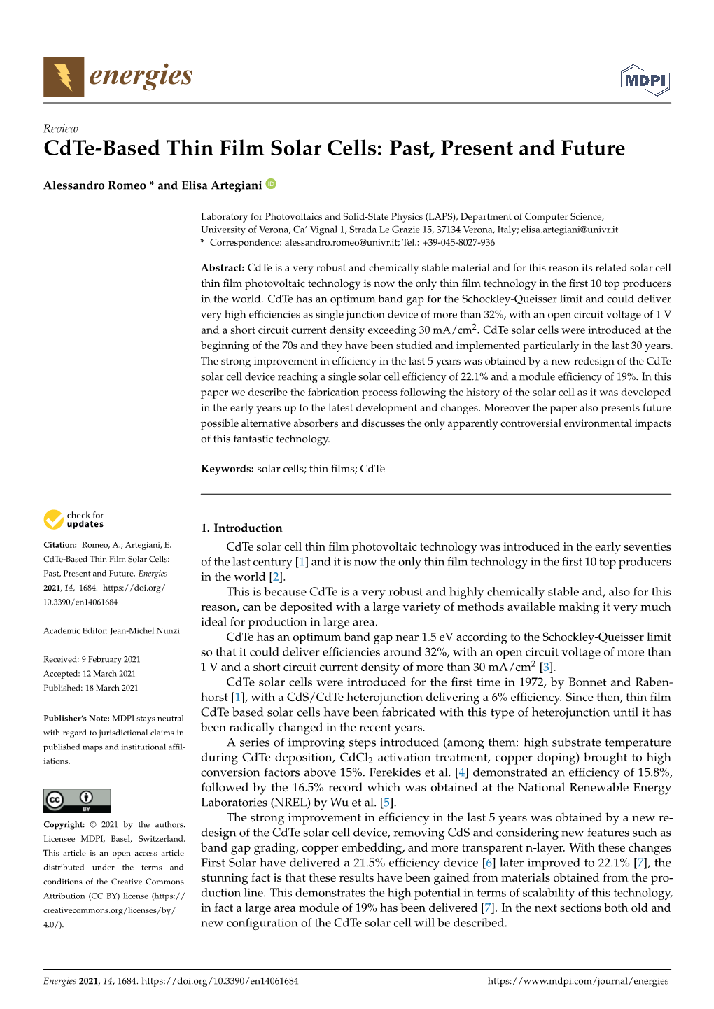 Cdte-Based Thin Film Solar Cells: Past, Present and Future