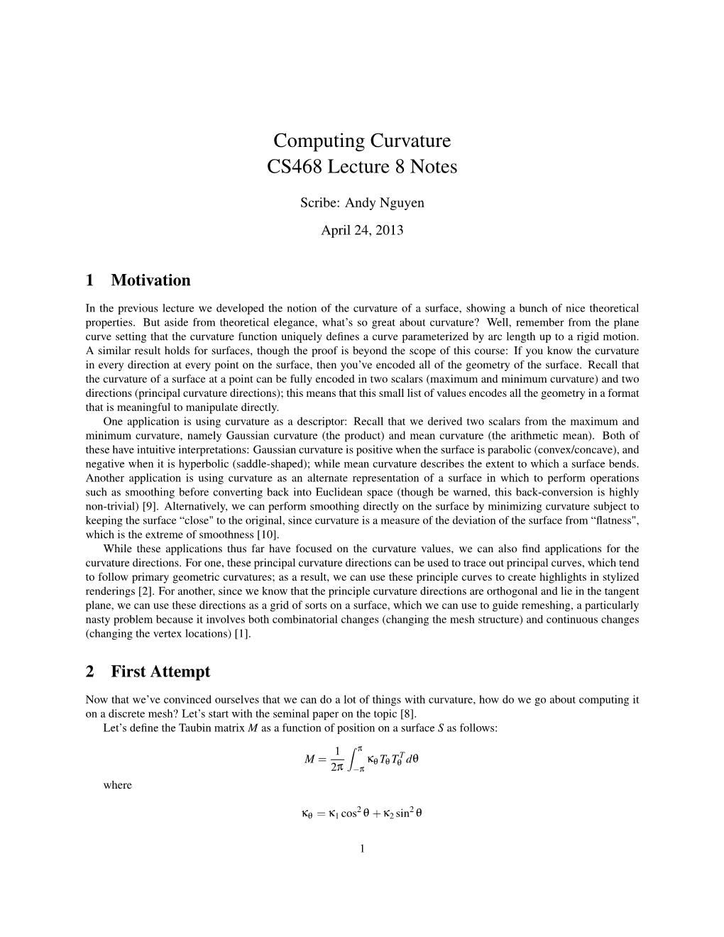 Computing Curvature CS468 Lecture 8 Notes