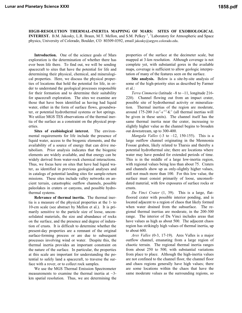 High-Resolution Thermal-Inertia Mapping of Mars: Sites of Exobiological Interest