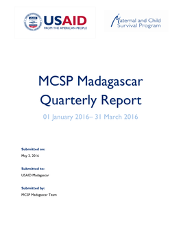 MCSP Madagascar Quarterly Report 01 January 2016– 31 March 2016
