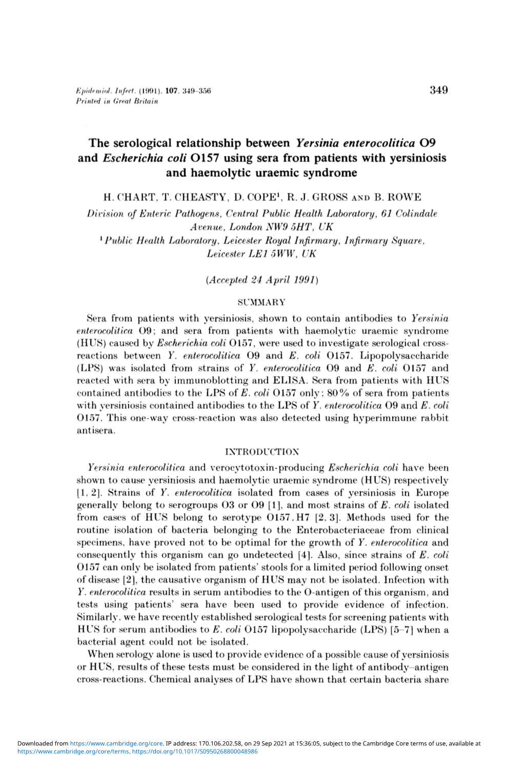 The Serological Relationship Between Yersinia Enterocolitica O9 and Escherichia Coli O157 Using Sera from Patients with Yersiniosis and Haemolytic Uraemic Syndrome