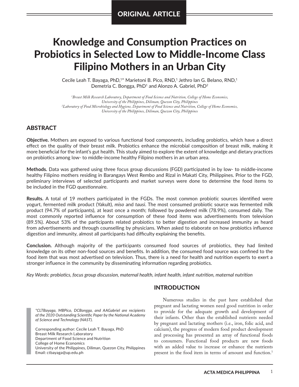 Knowledge and Consumption Practices on Probiotics in Selected Low to Middle-Income Class Filipino Mothers in an Urban City