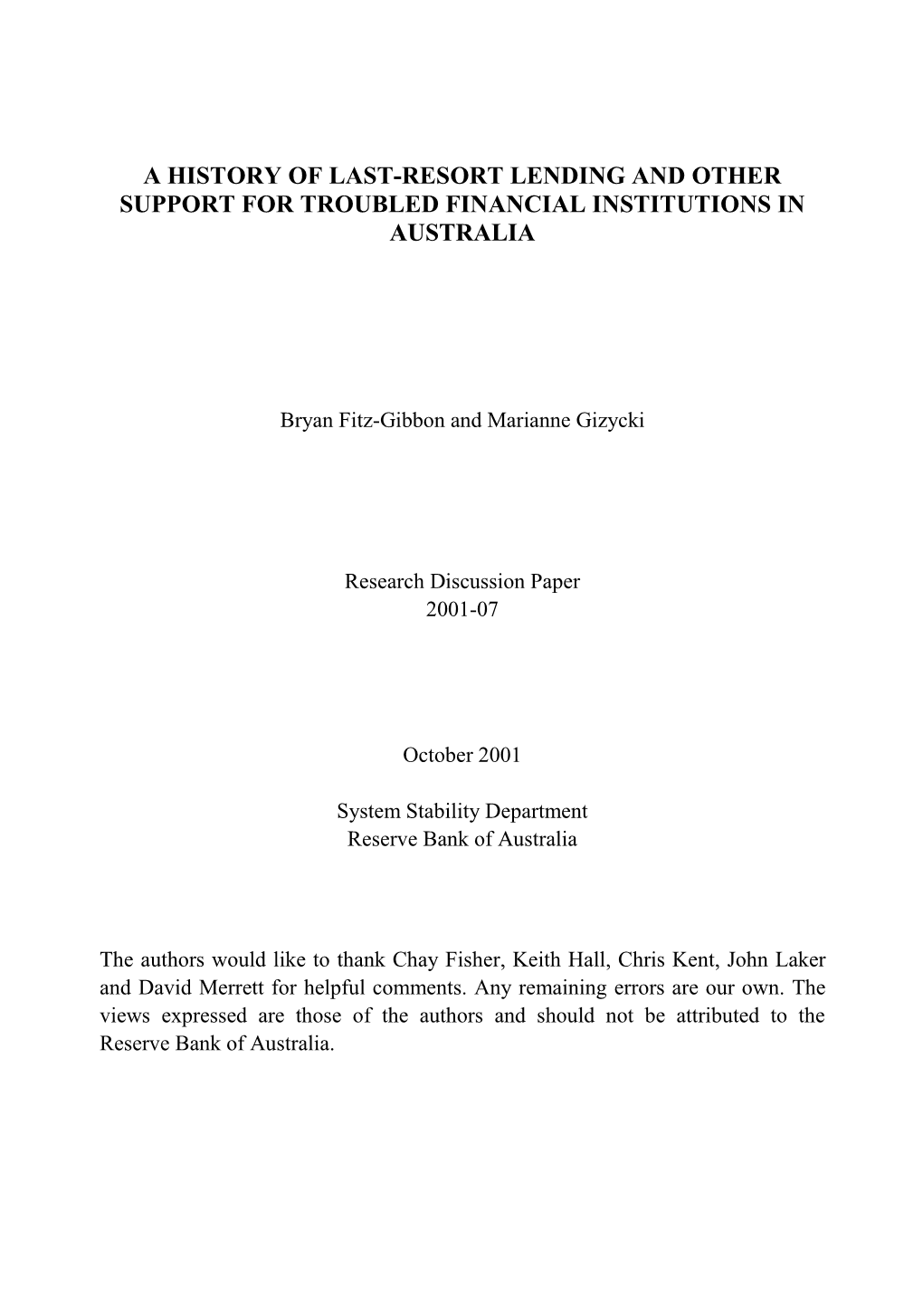 A History of Last-Resort Lending and Other Support for Troubled Financial Institutions in Australia