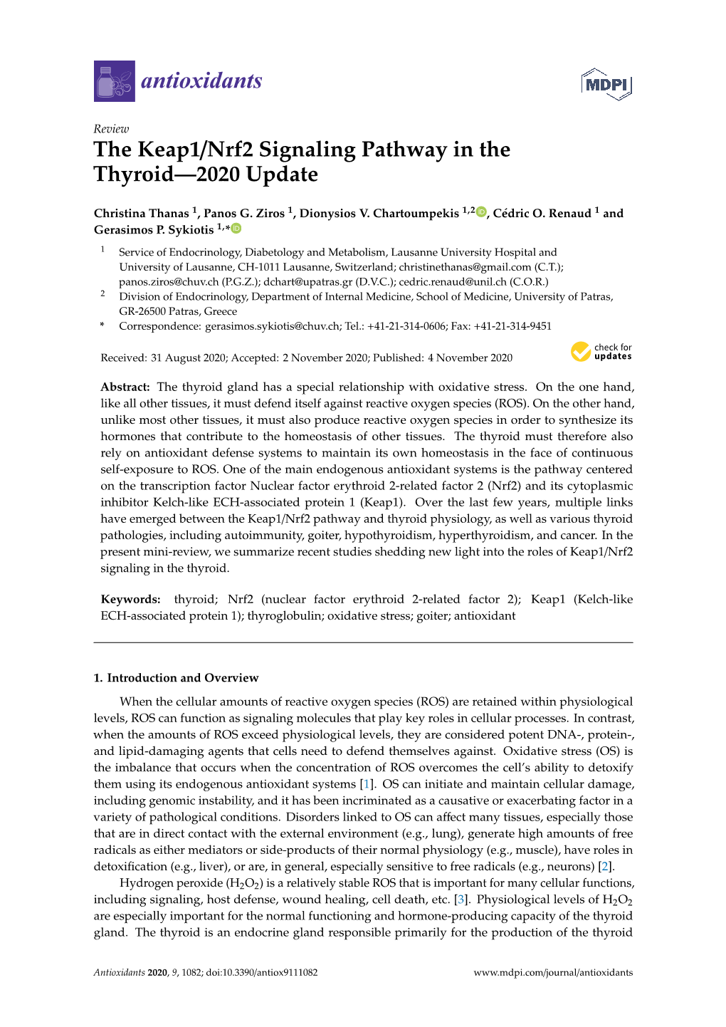 The Keap1/Nrf2 Signaling Pathway in the Thyroid—2020 Update