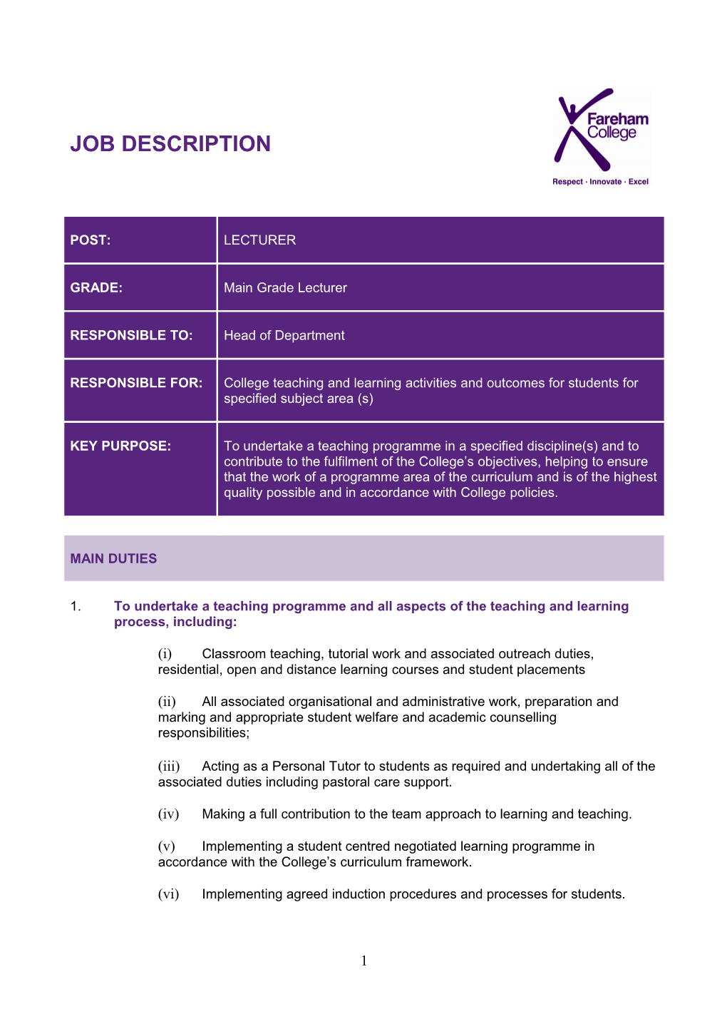 1. to Undertake a Teaching Programme and All Aspects of the Teaching and Learning Process