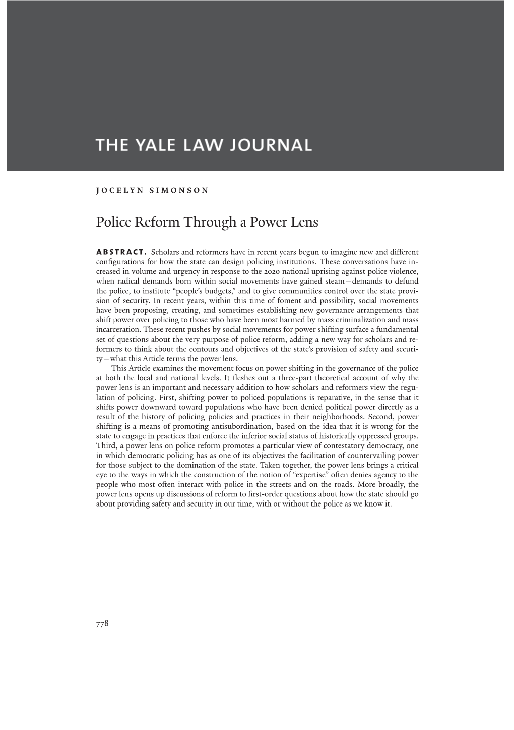 Police Reform Through a Power Lens Abstract